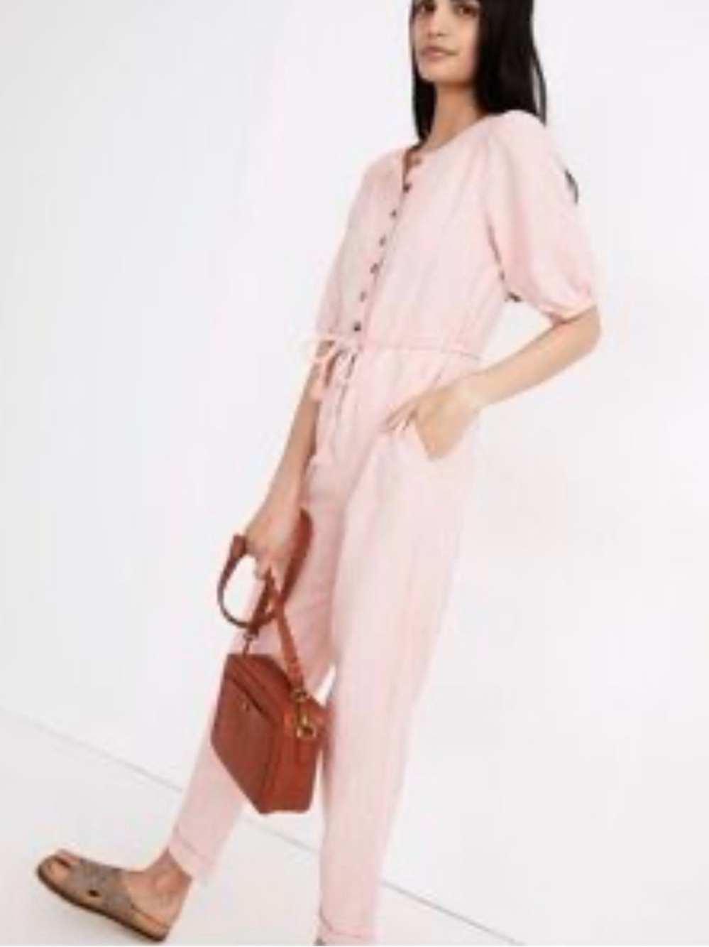 Madewell Linen Pastel Pink Puff Sleeve Jumpsuit - Picture 2 of 14